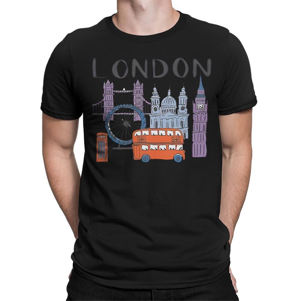 London Landmarks TShirt Famous British Icons Souvenir Cartoon Bus Tower T4901