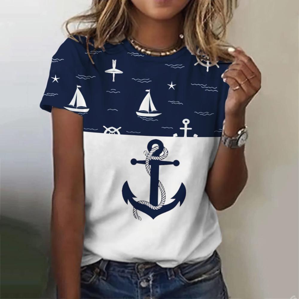 Summer European and American Style Inverted Hook Ocean 3D Printed Women's Fashionable Round Neck Short Sleeved T-shirt