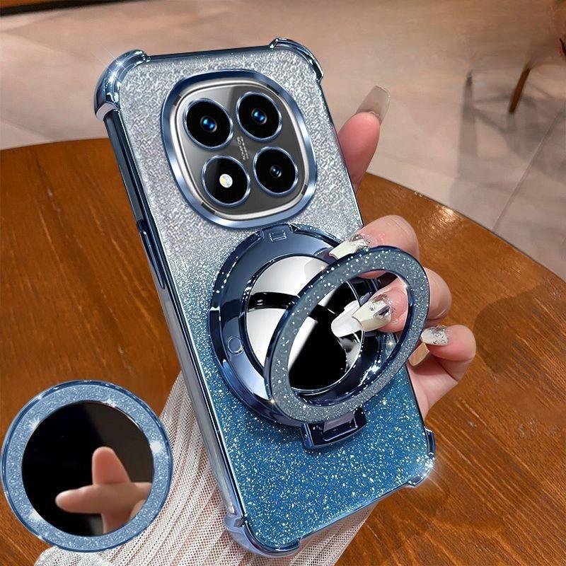 Magnetic Mirror Bracket Glitter Phone Case For Xiaomi Redmi Note 14 15 Pro Plus 15 15C 14C 14S 4G 5G Plating Shockproof Cover