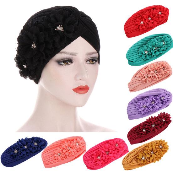 Three Flower Decal Design Turban Hat Elastic Hijab Cap Hair Loss Cover Headwear
