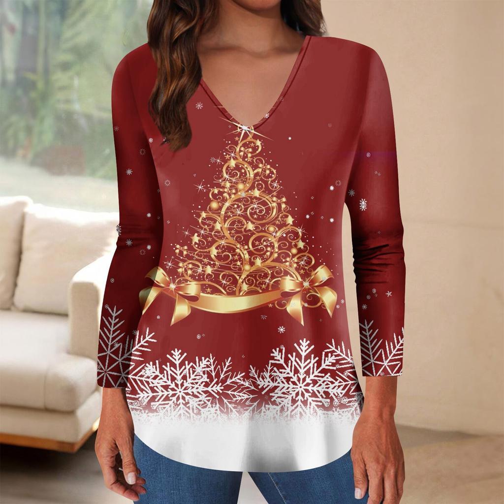 Long Sleeve Shirts For Women Christmas Print Graphic Tees Blouses Casual Plus Size Basic Tops Pullover