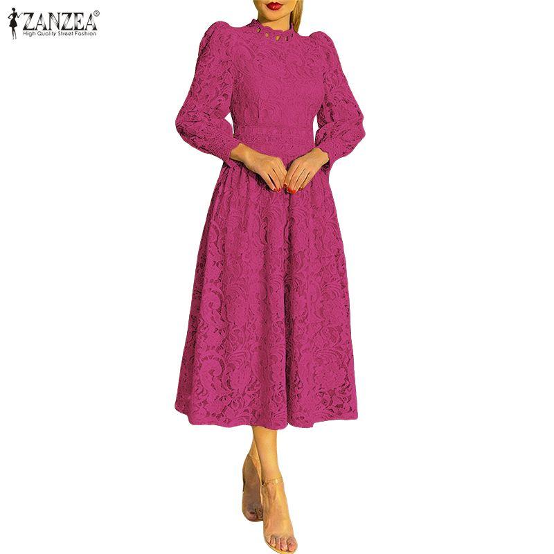 ZANZEA Women Casual Round Neck Long Sleeve Elegant Lace Crochet Patchwork Dress