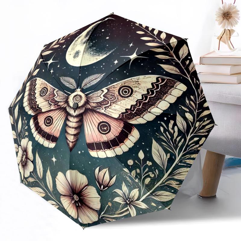 Moonlit Moth Garden Automatic Umbrella Compact 8-Rib Design Lightweight All-Season Travel Outdoor Accessory Perfect Gift for Women Men