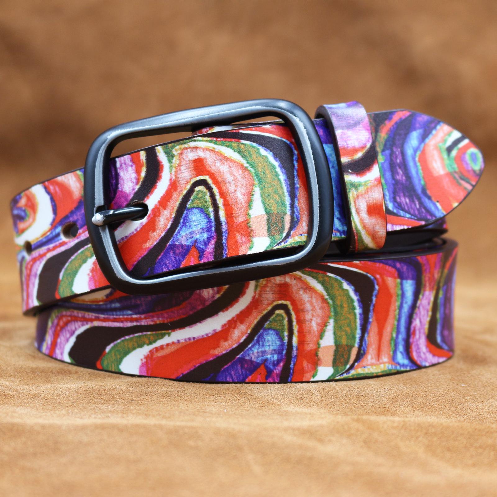 

Genuine Cowhide Retro Rainbow Graffiti Leather Belt - American, Japanese, Korean Style. 115 cm белый