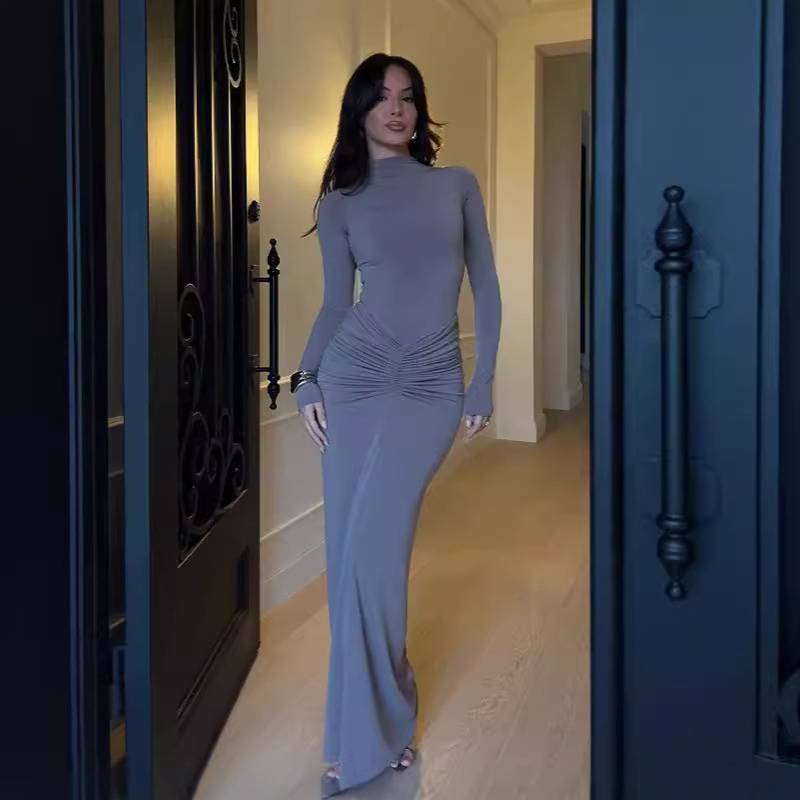 Elegant Long Sleeve Dress With High Waist And Pleated Details For Casual Wear