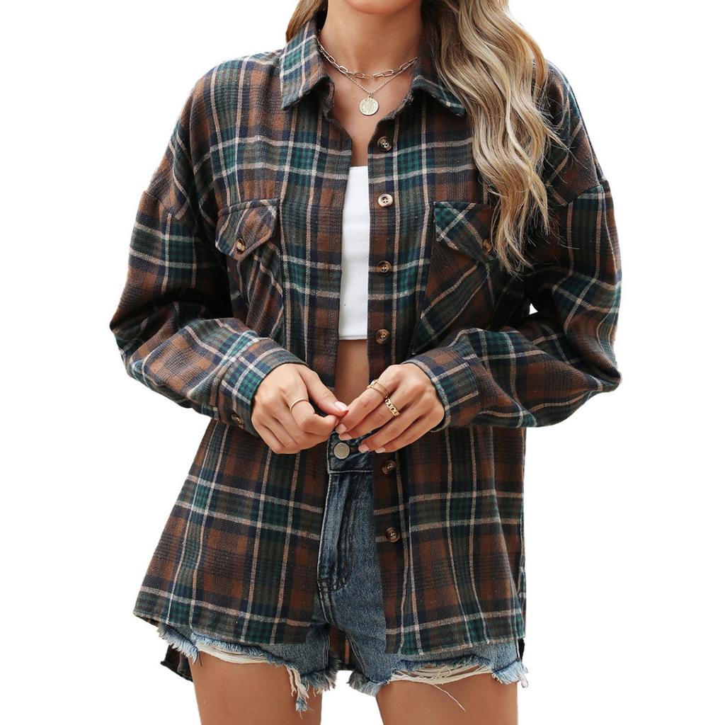 Women's Loose Long Sleeve Plaid Turn-down Collar Pocket Shirt  Autumn Winter New Arrival, Casual Blouse Top for Women, Ready to Ship
