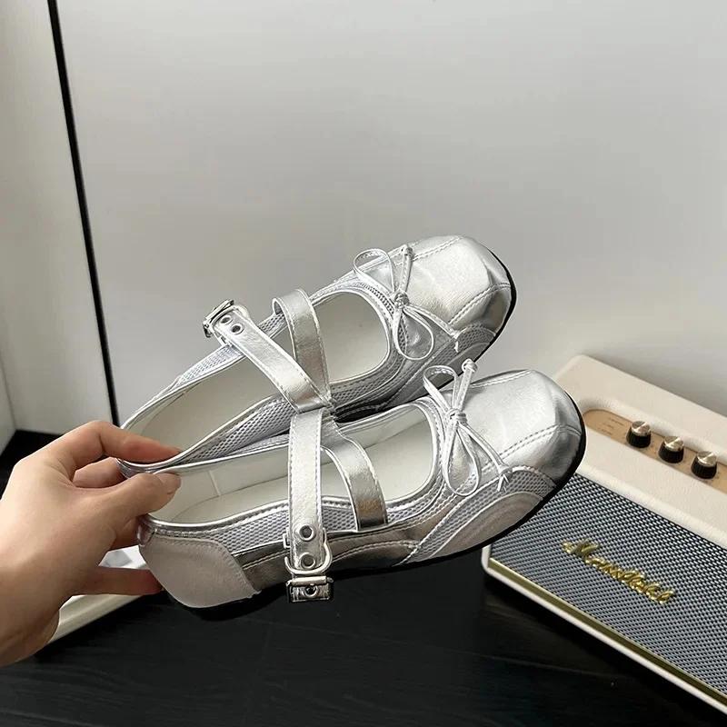 Fashion Silver Butterfly Knot Flat Bottom Soft Bottom Women's Shoes French Vintage Mary Jane Ballet Shoes Fashionable Slip-On Sneakers