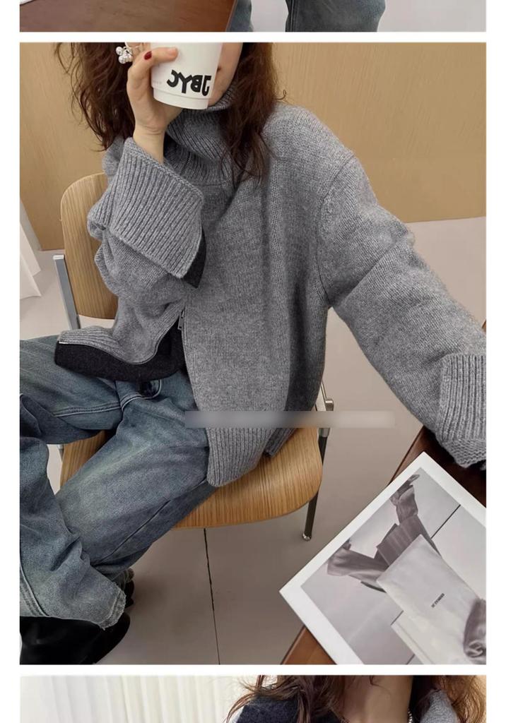 2024 Women's High Neck Asymmetrical Zipper Wool Cardigan - Cozy Loose Fit Sweater Jacket for Autumn/Winter, Korean Lazy Style