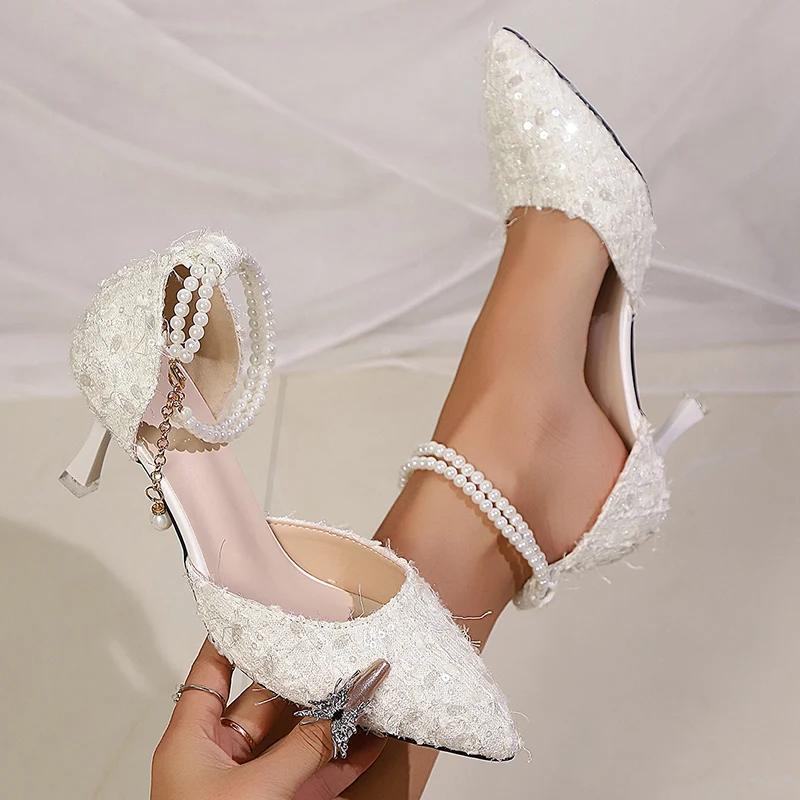 Fashion Women White Glitter Pearls Ankle Strap Pumps 2025 Autumn Brand Design Banquet Party Shoes Woman Elegant Pointed Toe Heeled Shoes