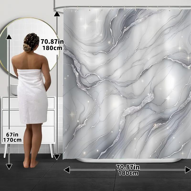 1/4 Stück Weißer Marmor Wasserdichter Duschvorhang Set Dekoratives Badezimmer-Set Rutschfester Teppich Toilettendeckel Badematte Und 12 Haken