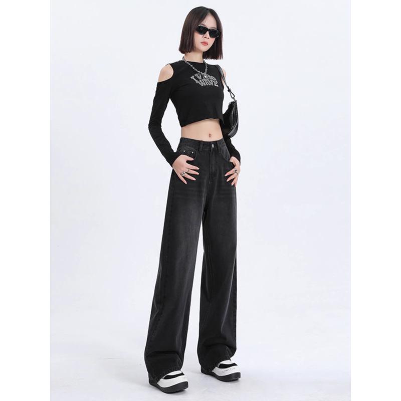 Damen Jeans Schwarz-Grau, Hoher Bund, Weiter Bein, Herbst 2025 Stil, Schlankmachende und Vielseitige Bodenlange Hose.