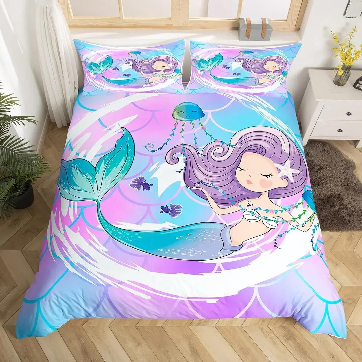 

Glitter Mermaid Duvet Cover Set King Ocean Animal Comforter Cover Fish Scales Floral Bedding Set Princess Decor Bedspread Cover EU Single(135x200cm)