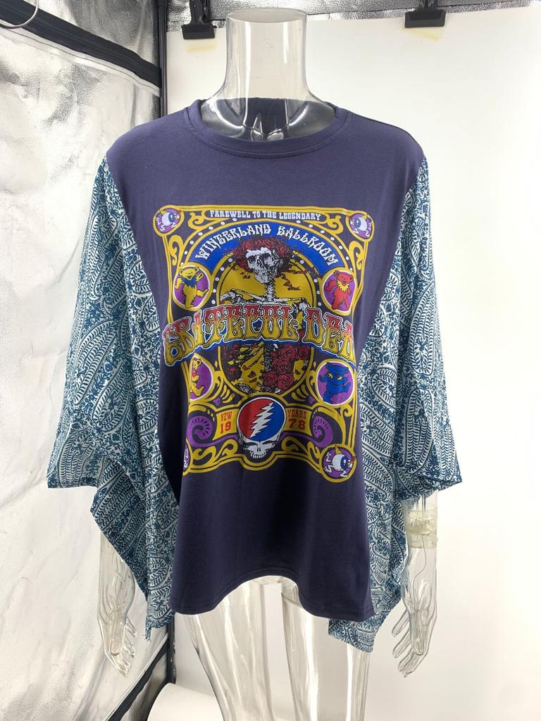 New Printed Crew Neck Loose Casual Batwing Sleeve Top for Women