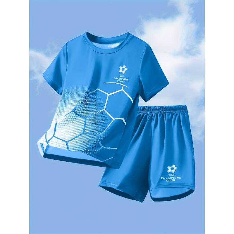 

Little Boy s Casual Soccer Print Crew Neck Short-sleeve T-shirt and Shorts Sport Set, Perfect for Outdoor 160