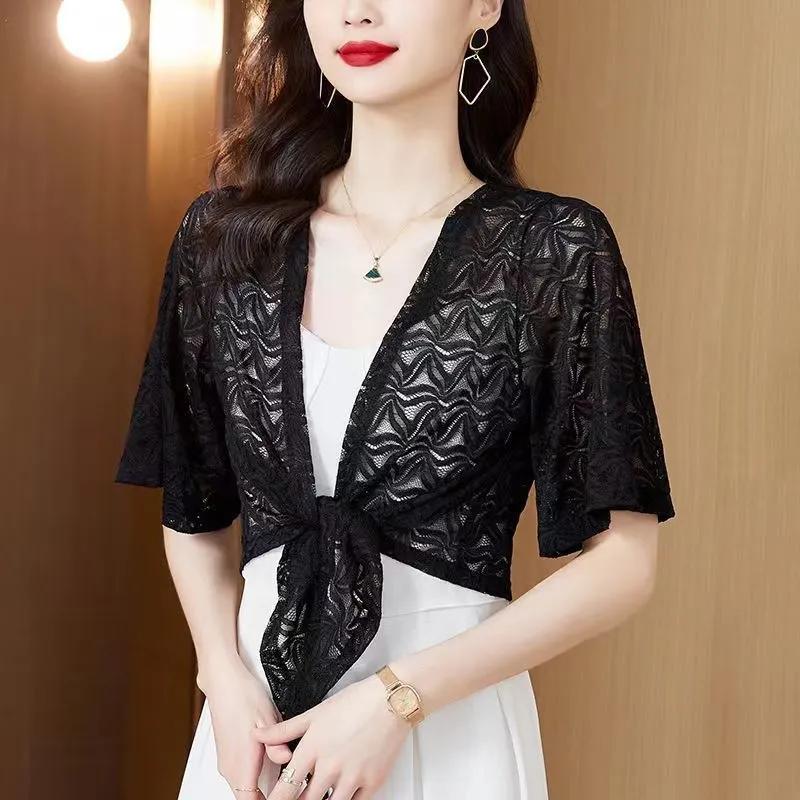 WTEMPO Women's Casual Solid Color Lace Sunscreen Shawls Coats Spring Summer Casual Versatile Thin Breathable Cardigans