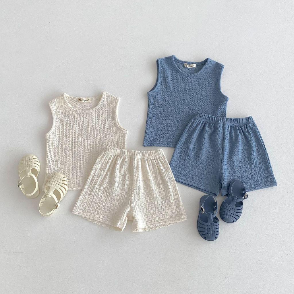 Kids 2024 Summer Korean-Style Soft Cotton Pleated Vest and Shorts Set for Boys and Girls