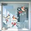 Reusable Christmas Party Decorations Watercolor Bird Window Sticker, Santa Hat on Beey Seasonal Clings Branch Static Decal, Waterproof Cling