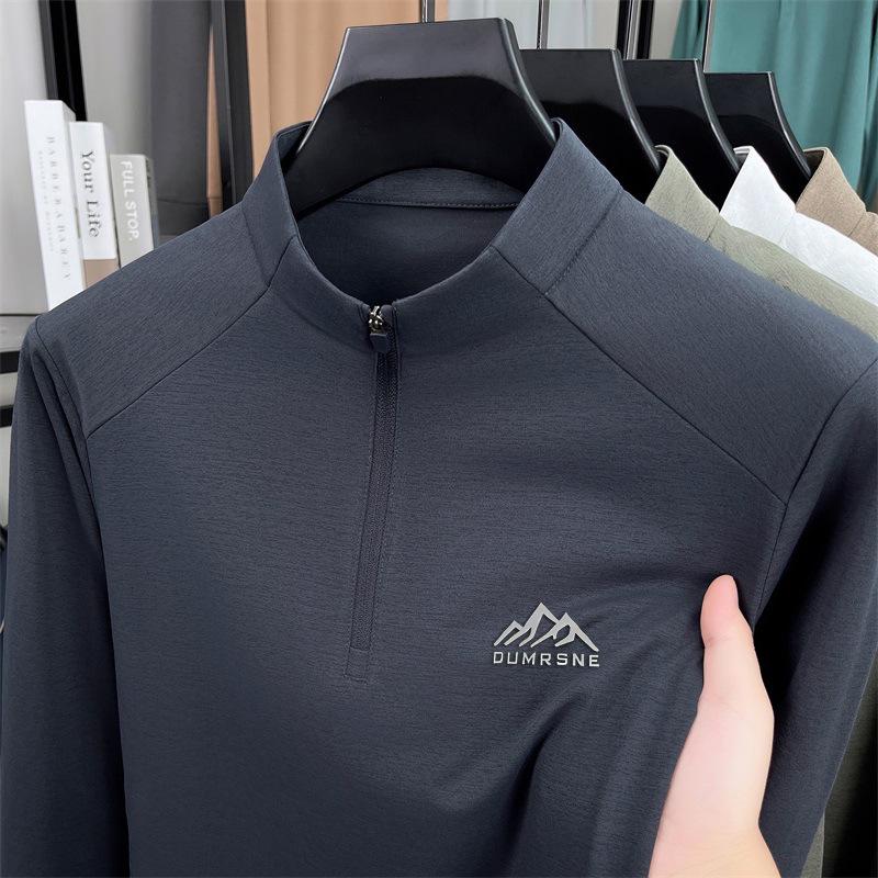 Men's 2025 Solid Color Stand Collar Zipper T-Shirt - Long Sleeve Casual Autumn Pullover
