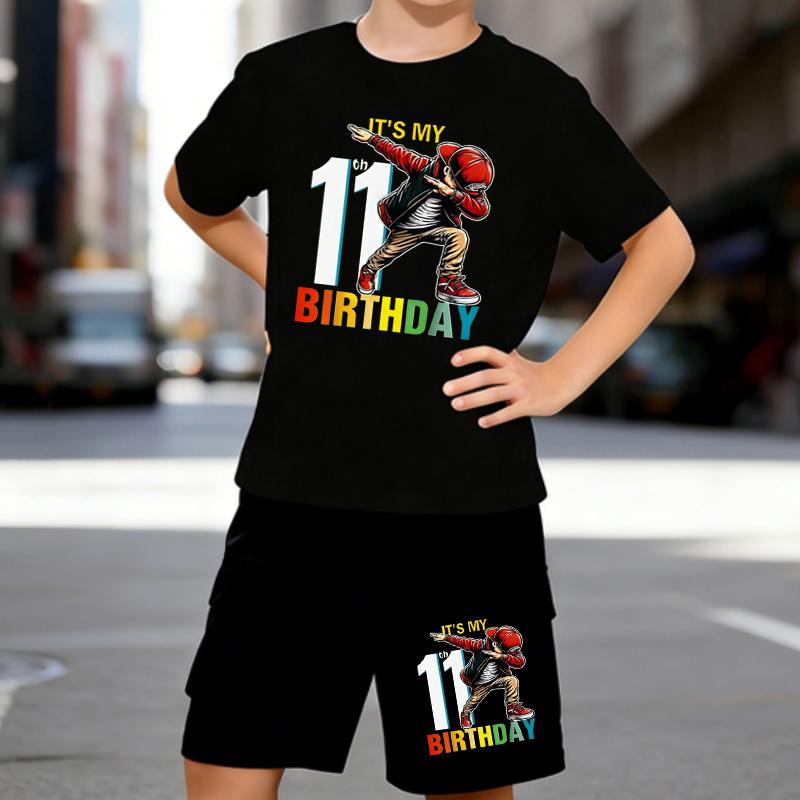 

Boys 2 Piece 11th Birthday Celebration Printed Outfit, Short Sleeve T-Shirt and Shorts Set for Kids Age 5-14,white,Black Sporty Casual Summer Clothes 5-6 Years чёрный