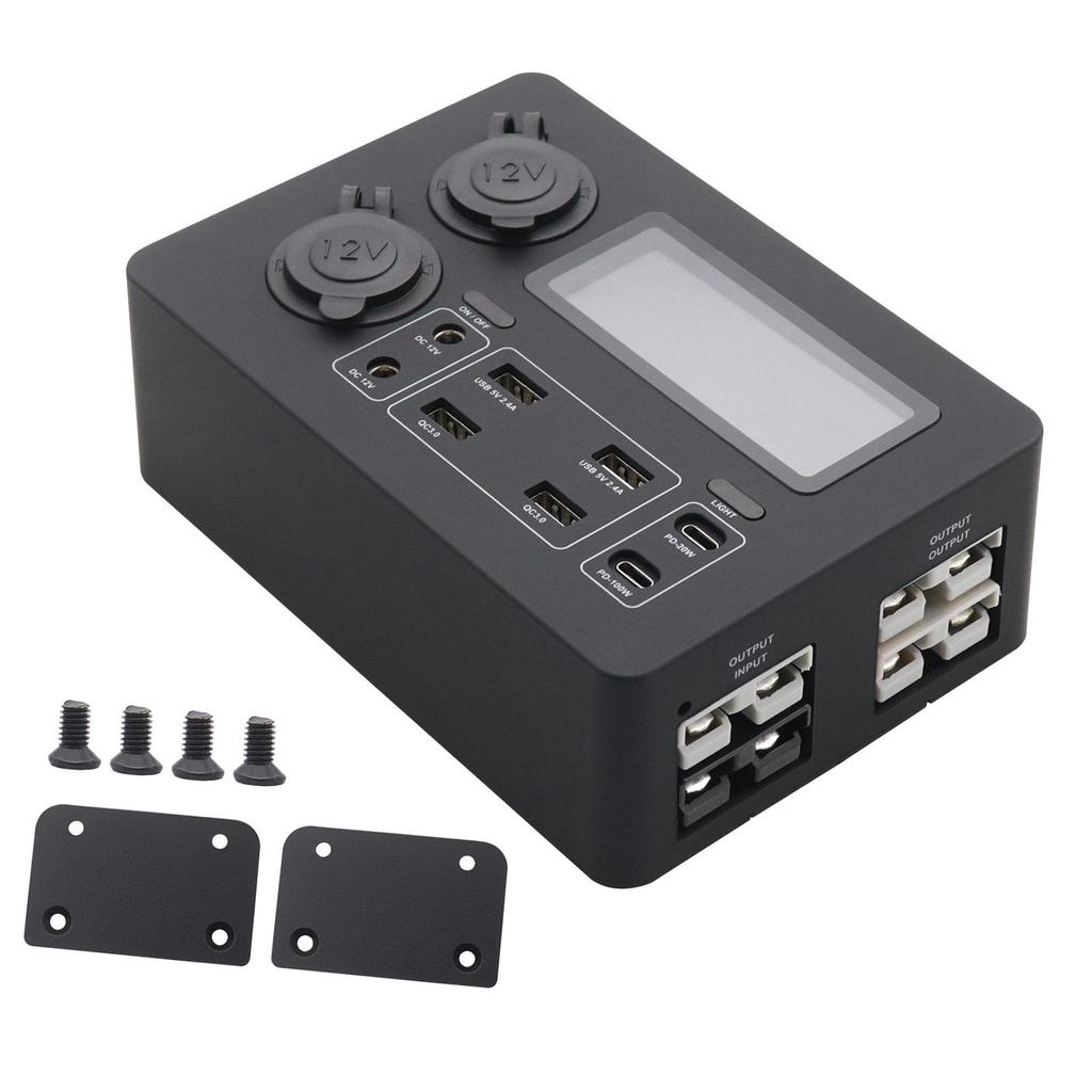 LCD Display Mini Power Box 12V 100W Power Box with LED Lights USB-C & QC3.0 Ports Control Hub for RV SUV Boats Emergency Outdoor