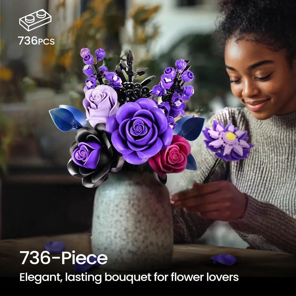 BuildMOC Lila Rose Botanisches Baustein-Set, Gothic Dekor Künstlicher Rosenblumenstrauß Modell Spielzeug Valentinstagsgeschenke