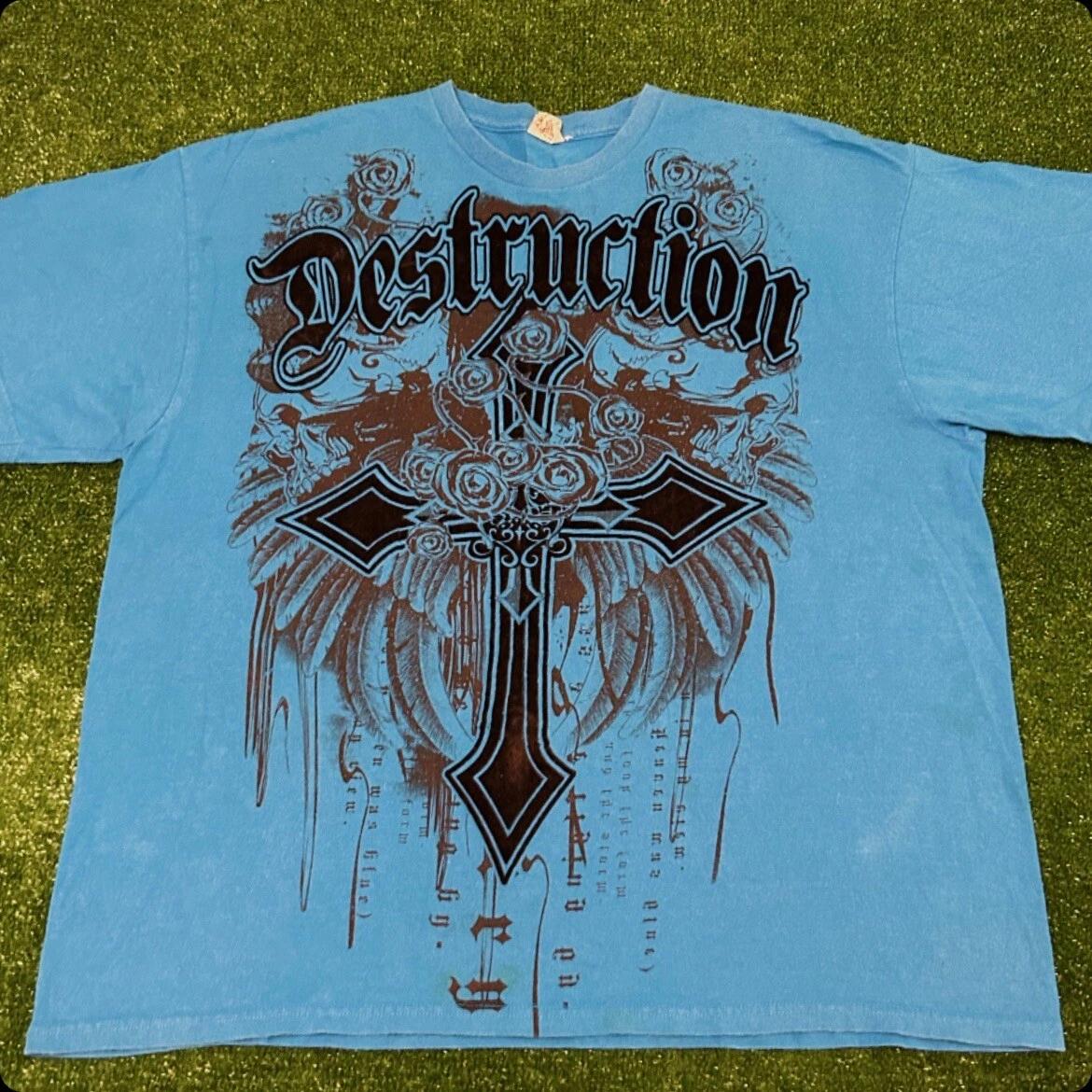 

Vintage Y2K Destruction MMA Wings Cross Grunge Punk Hip Hop VTG Shirt Mens XXL 4XL