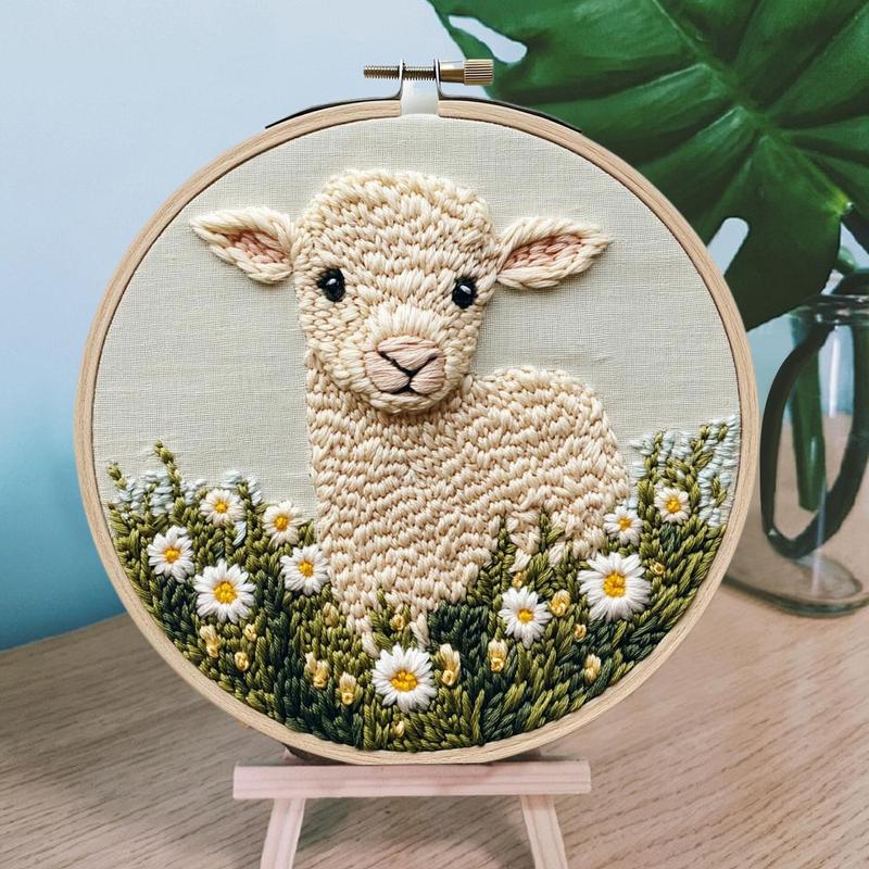 Punch Needle Kit Stitching Sheep Pattern Punch Embroidery Kit Arts and Crafts with Threader Instruction Fabric Hoop Yarn
