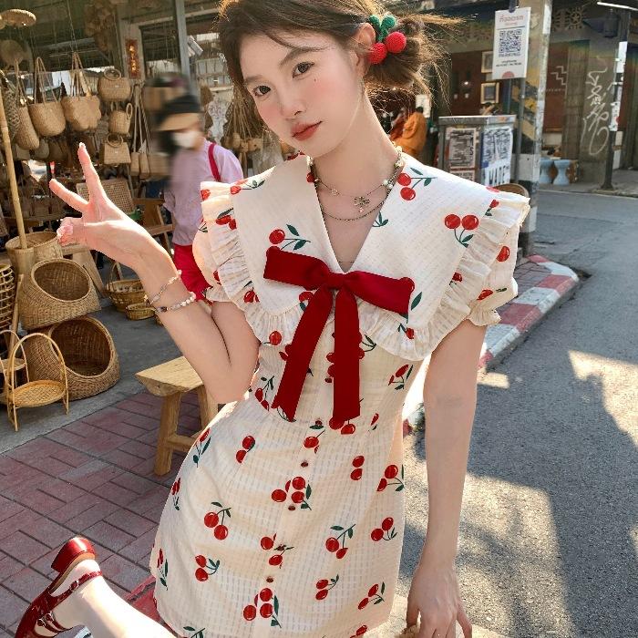 Wine Stained Cherry Bow Small Fly Sleeve Dress Sweet Wind Waist Thin Design Sweet Spicy Printed Short Skirt