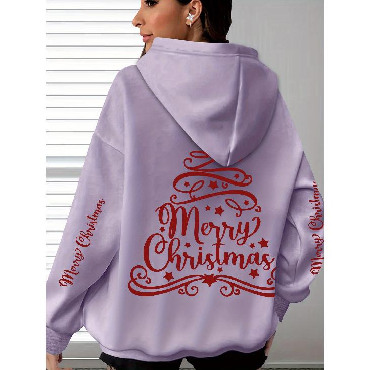 Holiday Direction Christmas Comfortable Best-Seller Cursive Christmas Tree Print Hoodie, Soft Casual Long Sleeve, Comfortable Fall Winter Daily Wear