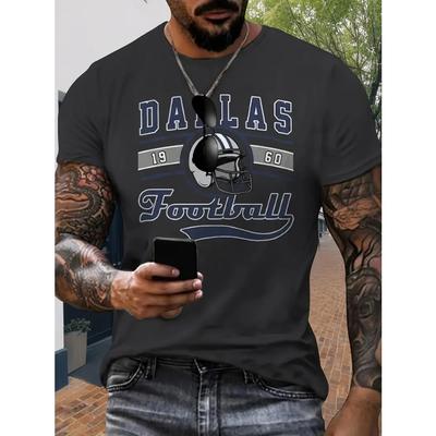 Plus Size Dallas Football Helmet Print T-Shirt Casual Party Crew Neck Tee | Men's Top with Slight Stretch | Patterned Sports