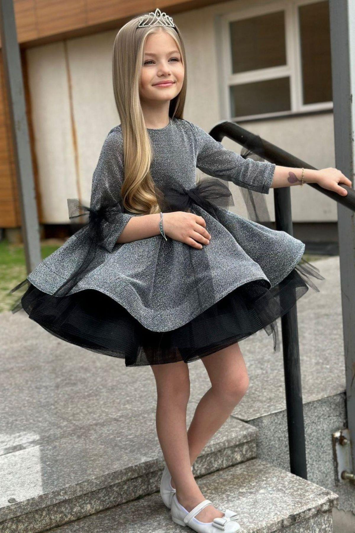 

Блестящая детальная юбка с половиной рукавов для девочек, пушистое серое вечернее платье из тюля