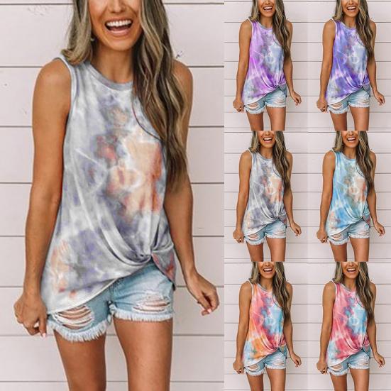 

Women Tie Dye Sleeveless Twist Knot Round Neck Casual Blouse Top Vest S синій