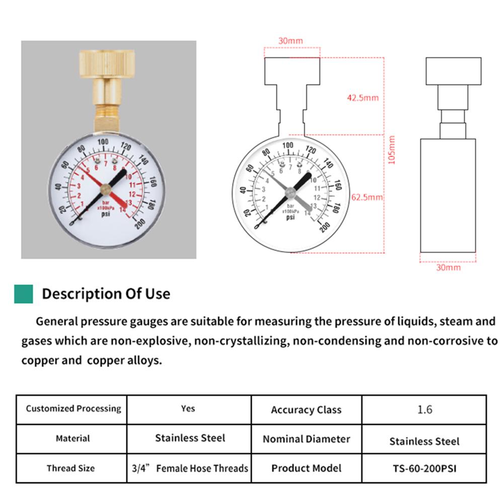 Brass Pressure Tester Hose Thread Gauge Plumbing Maintenance 3 4 Inch Female Connector Accurate Pressure Reading For Faucet
