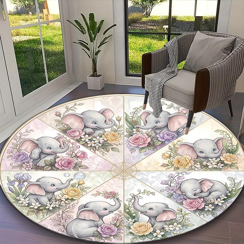 1pc Cute Pink Elephants Gray Elephant Rug, Comfortable Printed Home Round Carpet, Cozy Office Chair Rug