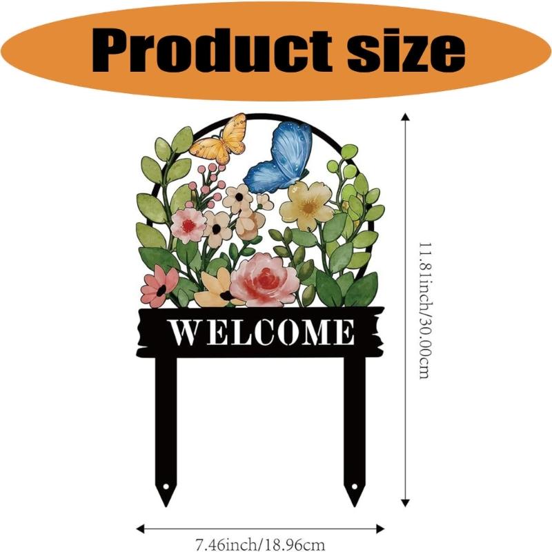 Iron Garden Welcome Sign with Twin-Pointed Soil Insert, Outdoor Metal Stake for Yard, Lawn and Flower Bed Placement Display Use at Home