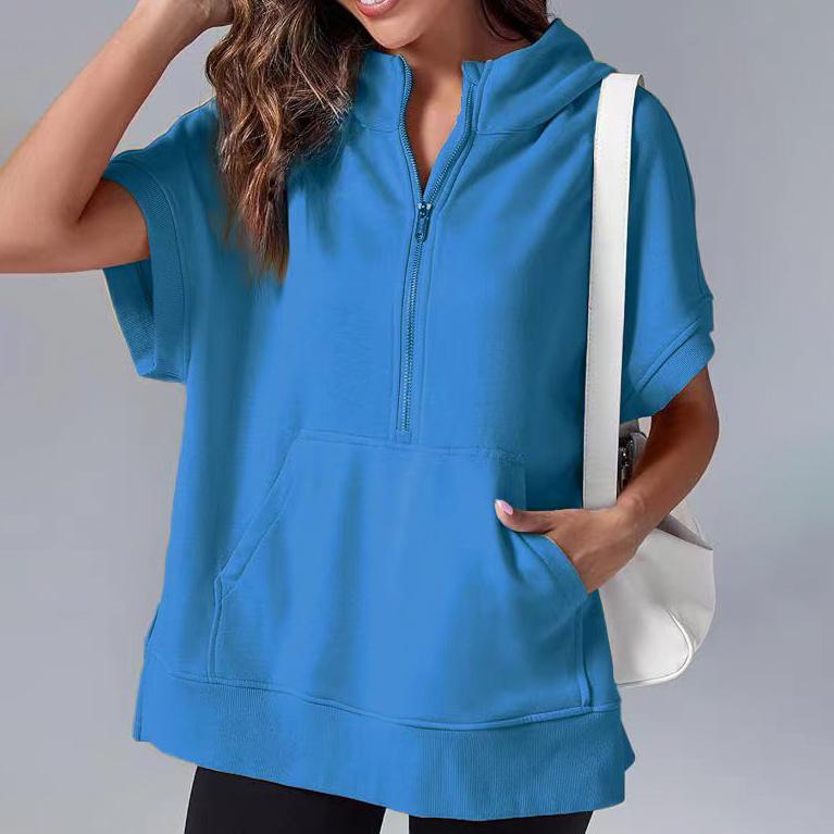 Ανοιξιάτικη Γυναικεία Μονόχρωμη Μόδα Casual Μπλούζα Φούτερ με Κουκούλα και Κοντό Μανίκι