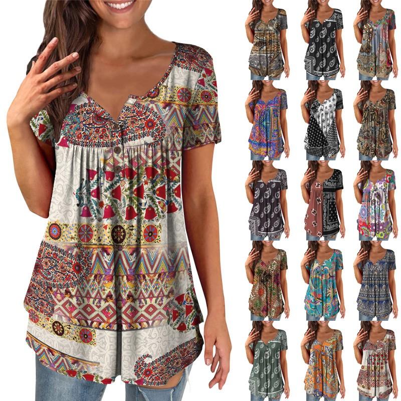 

(Куниде) Женская повседневная футболка с короткими рукавами и v-образным вырезом, топ на пуговицах с принтом