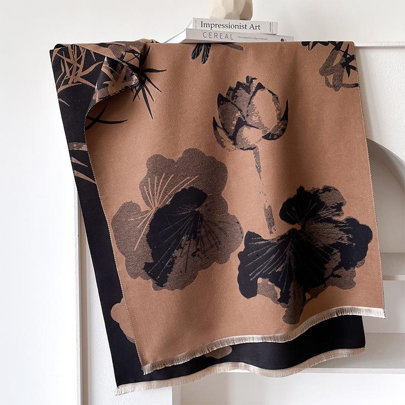 Guochao ink and wash wind contrasting colors double-sided imitation cashmere scarf winter high-end warm shawl