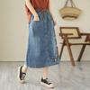 Literary Retro Chinese Style Cotton Denim Skirt Ladies Ethnic Style Embroidered Mid-length Skirt