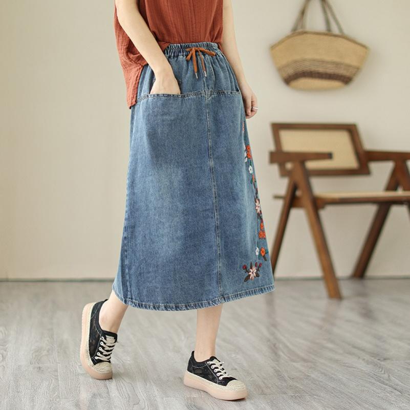 Literary Retro Chinese Style Cotton Denim Skirt Ladies Ethnic Style Embroidered Mid-length Skirt