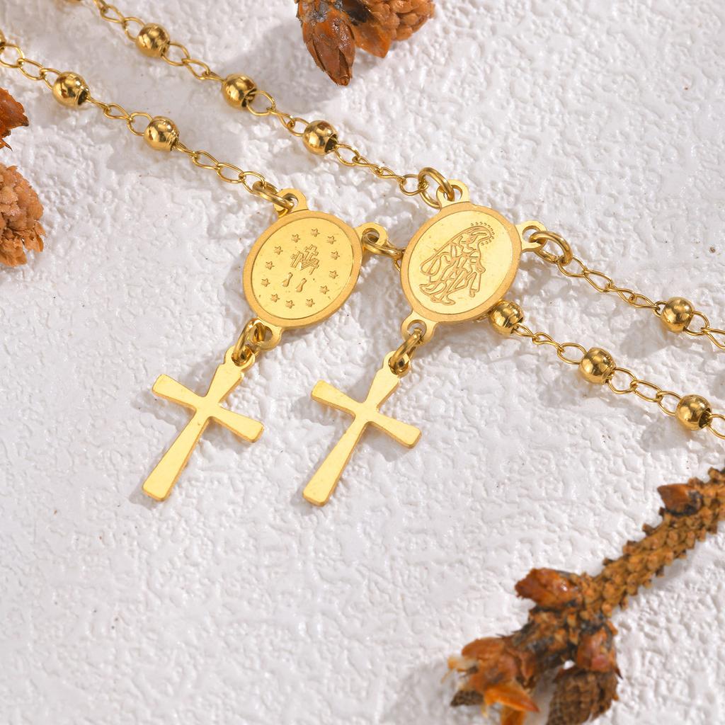 Fashion Stainless Steel Bead Chain Notre Dame Cross Bracelet Women 2234
