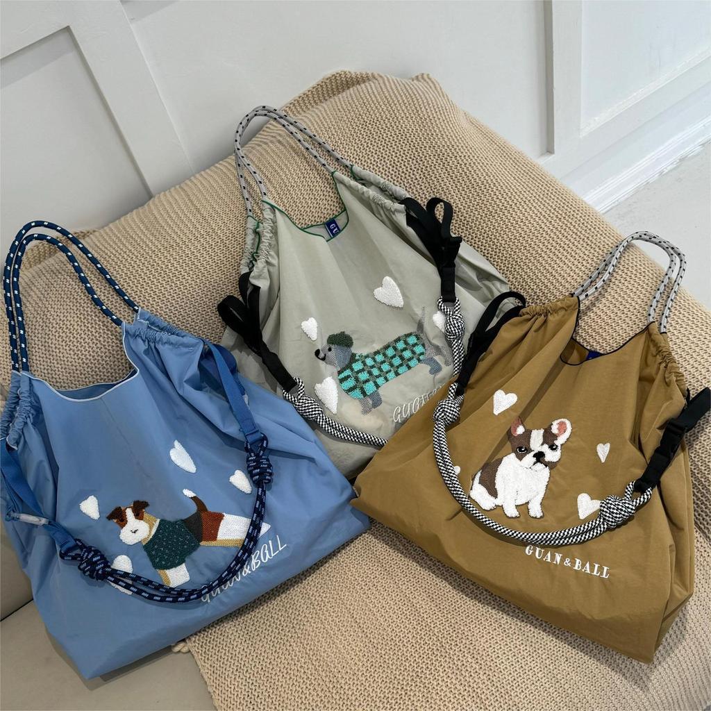 2024 Japanese-Style Cute Dog Embroidered Nylon Eco-Friendly Shoulder Shopping Bag