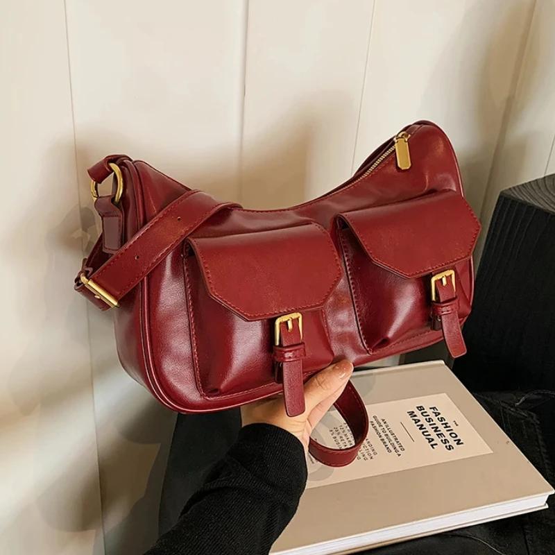 Retro style women's crossbody bag with zipper  monochromatic PU  large capacity  casual shoulder bags  stitching line