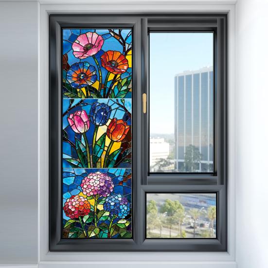 3 Pcs Stained Glass Flowers Window Privacy Film Colorful Floral Window Clings Sun Blocking Removable Static Stickers for Living Room Bathroom