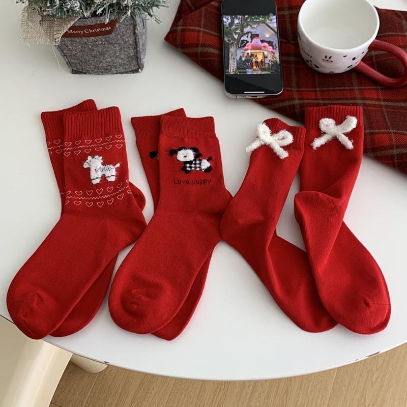 5 Pairs of Female Autumn and Winter Animal Red Mid Tube Stocking