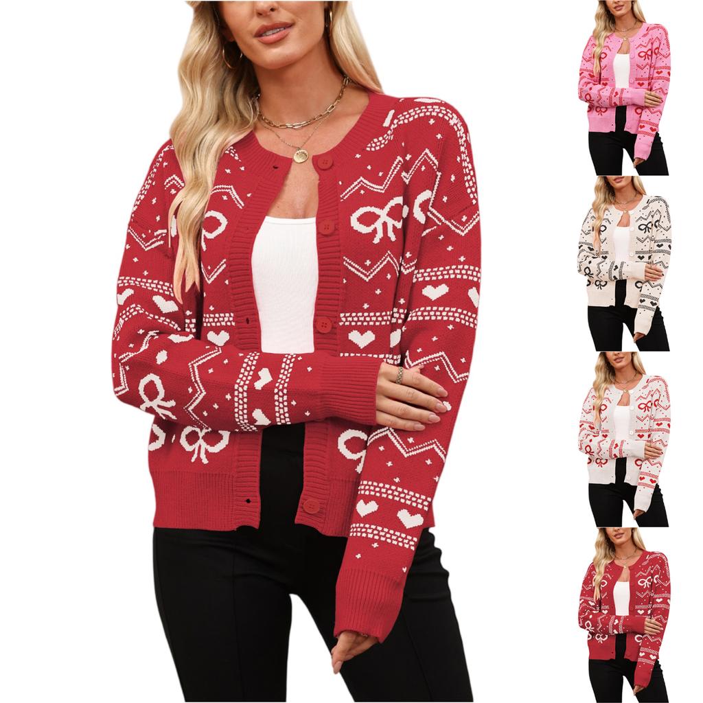 Women's Fashionable Round Neck Long Sleeved Heart-shaped Contrasting Button Casual Sweater Jacket