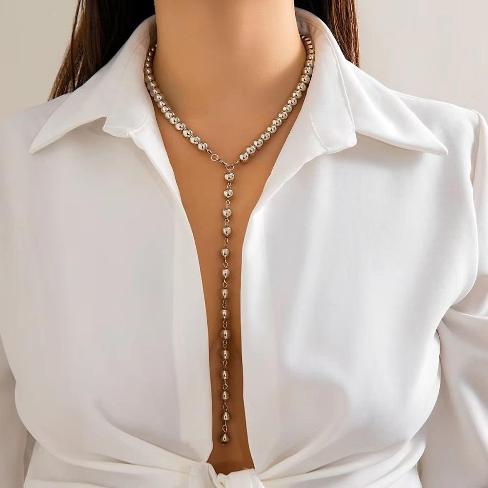 Geometric Long Beaded Necklace Simulated-pearl Clavicle Chain Tassel Necklace Charm Jewelry Gift серебряный