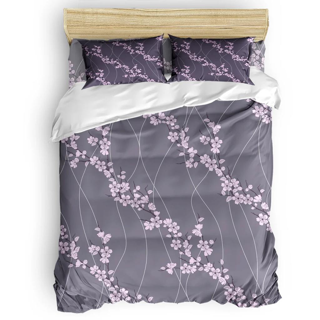Set husă de plapumă roz pal, Ramură de Sakura cu flori de cireș Primăvară japoneză delicată, Set de lenjerie de pat decorativ din 3 piese, Mărime king