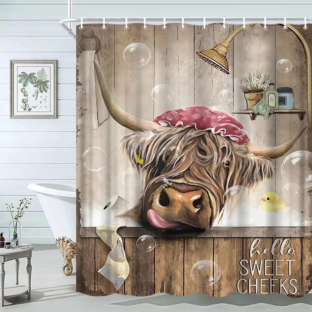 Funny Highland Bull Shower Curtains Set Western Bull Portrait Brown Wood Panel Rustic Landscape Barn Bath Curtain Bathroom Decor