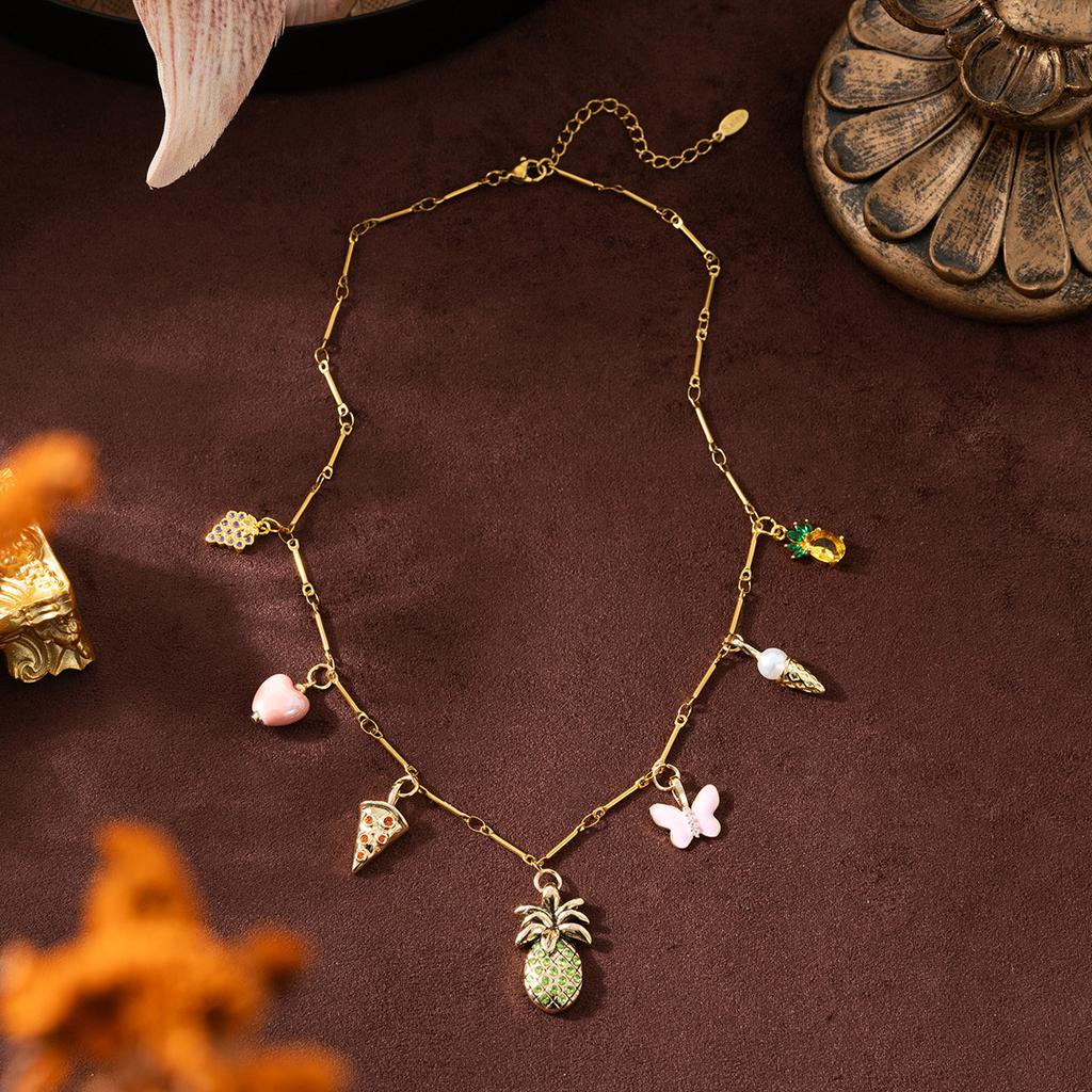 Summer Fruit Wind Pineapple Pendant Colored Zircon Pendant Necklace Watermelon Necklace 18K Gold And Bronze